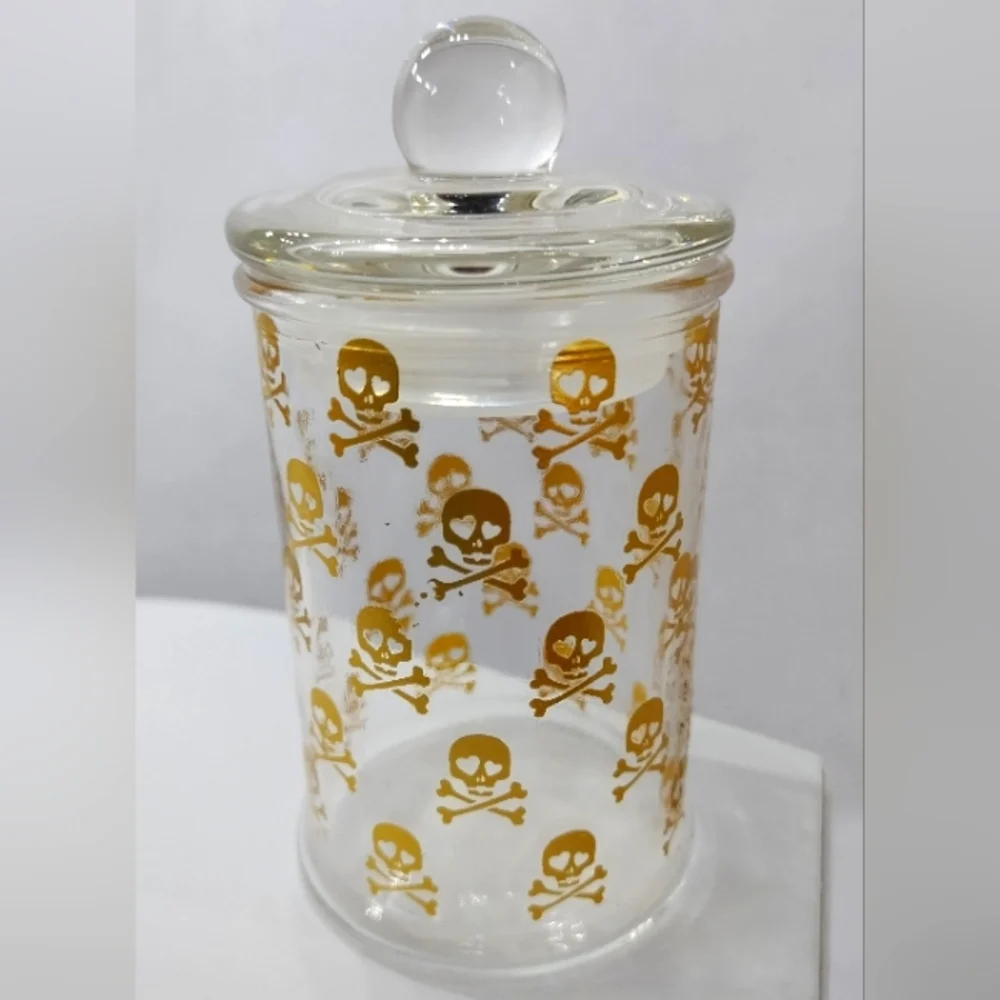 Vintage Gold Skull Cross Bone Glass Jar Poison Barware Stash Container with Top